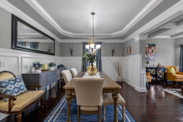 50 Riverside Lndg, Fort Mitchell, AL 36856 - dining space featuring a decorative wall, a chandelier, a raised ceiling, a wainscoted wall, and hardwood / wood-style flooring