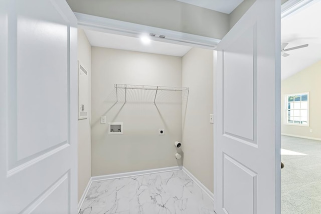 washroom featuring electric dryer hookup, marble finish floor, baseboards, hookup for a washing machine, and laundry area