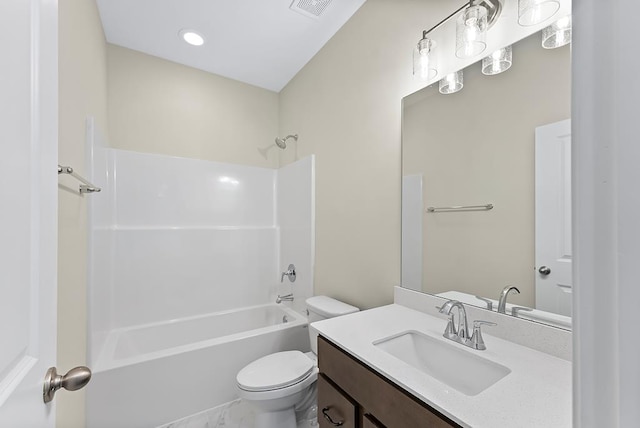 bathroom featuring shower / bathing tub combination, visible vents, toilet, and vanity