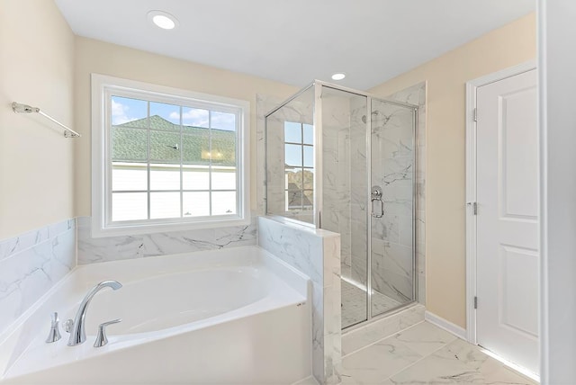 full bath with recessed lighting, a marble finish shower, marble finish floor, and a bath