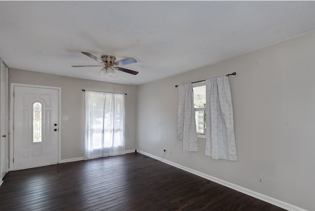 entrance foyer featuring plenty of natural light, ceiling fan, and dark hardwood / wood-style flooring