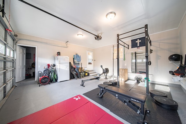 workout room with a garage