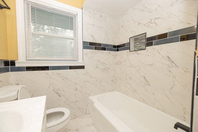 full bathroom with marble finish floor, a shower, toilet, and a tub