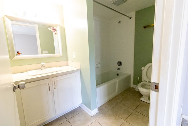 full bathroom with tile patterned floors, toilet,  shower combination, and vanity