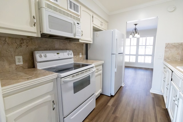 kitchen featuring pendant lighting, white appliances, white cabinetry, tasteful backsplash, and ornamental molding