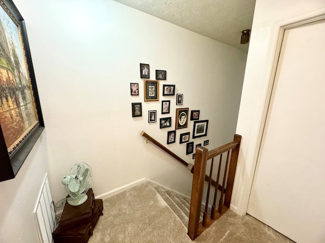 stairs with carpet and a textured ceiling