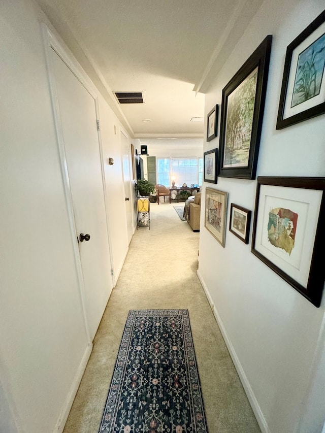 hallway featuring light carpet