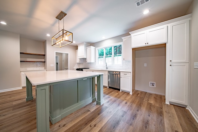 821 Lichfield Rd, Columbus, GA 31904 - kitchen featuring dishwasher, white cabinetry, tasteful backsplash, open shelves, and light wood-type flooring