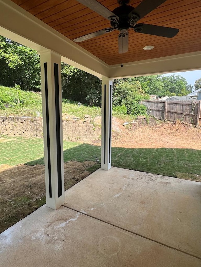 view of patio / terrace with ceiling fan and fence