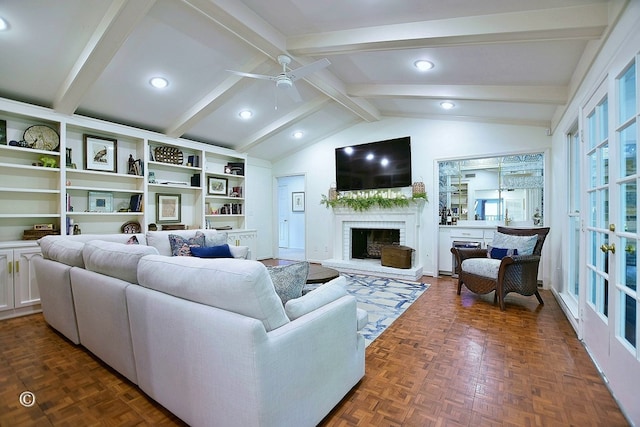living room with a fireplace, lofted ceiling with beams, a ceiling fan, and recessed lighting