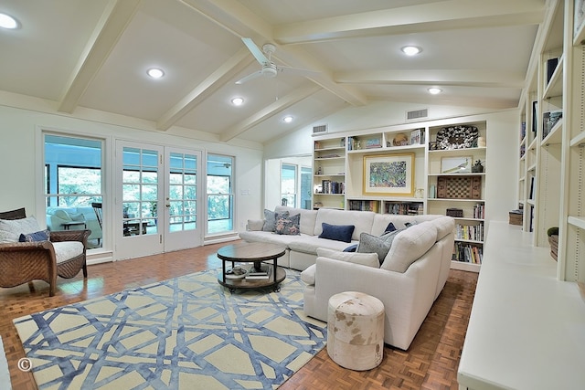 living room with lofted ceiling with beams, a ceiling fan, visible vents, and recessed lighting