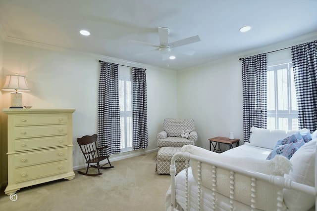 bedroom featuring baseboards, recessed lighting, crown molding, and light colored carpet