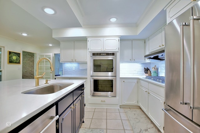 kitchen with a sink, stainless steel appliances, under cabinet range hood, light countertops, and tasteful backsplash