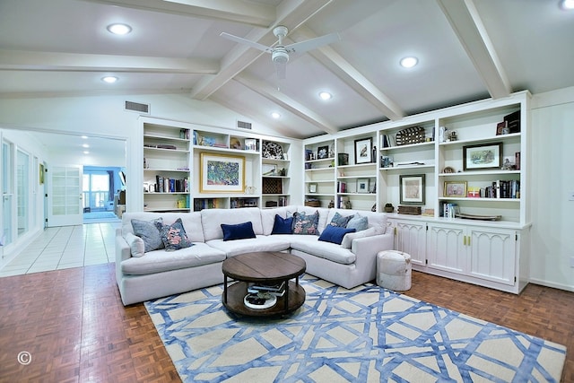 living room with ceiling fan, recessed lighting, visible vents, and vaulted ceiling with beams