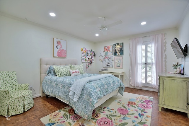 bedroom with a ceiling fan, ornamental molding, and recessed lighting