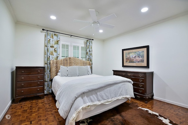 bedroom featuring baseboards, ornamental molding, recessed lighting, and a ceiling fan