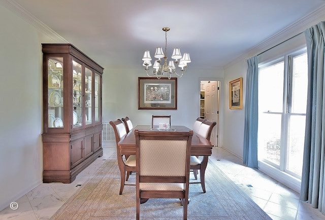 dining area with an inviting chandelier, crown molding, and plenty of natural light