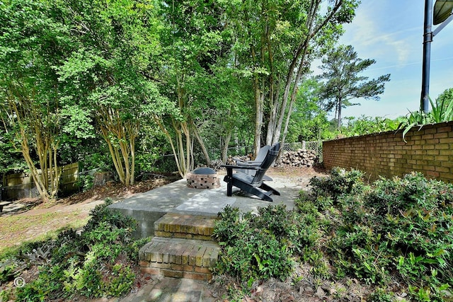 view of yard with a fenced backyard, an outdoor fire pit, and a patio area