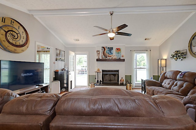 living room featuring ceiling fan, visible vents, a healthy amount of sunlight, and a fireplace