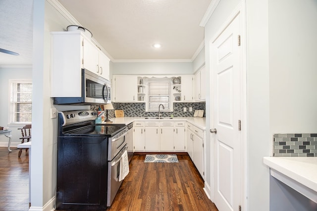 kitchen with stainless steel appliances, ornamental molding, backsplash, and open shelves