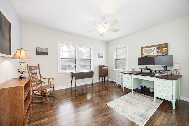 office featuring ceiling fan, dark wood-type flooring, and baseboards