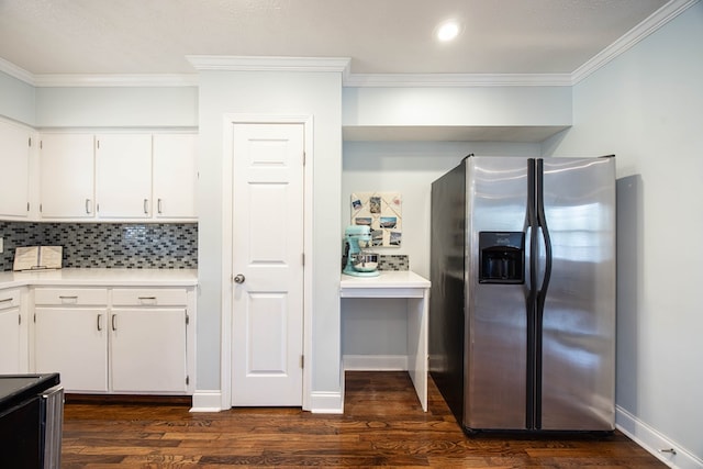 kitchen with crown molding, tasteful backsplash, dark wood-type flooring, white cabinets, and stainless steel fridge with ice dispenser