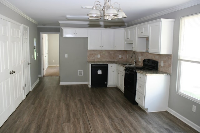 3813 Meritas Dr, Columbus, GA 31904 - kitchen featuring black appliances, a chandelier, white cabinets, dark wood finished floors, and ornamental molding