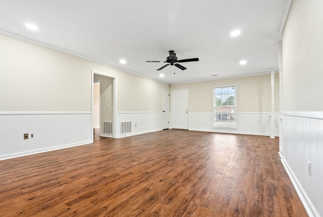 2630 Skylake Dr, Columbus, GA 31907 - unfurnished room with ornamental molding, ceiling fan, dark wood-style flooring, recessed lighting, and wainscoting