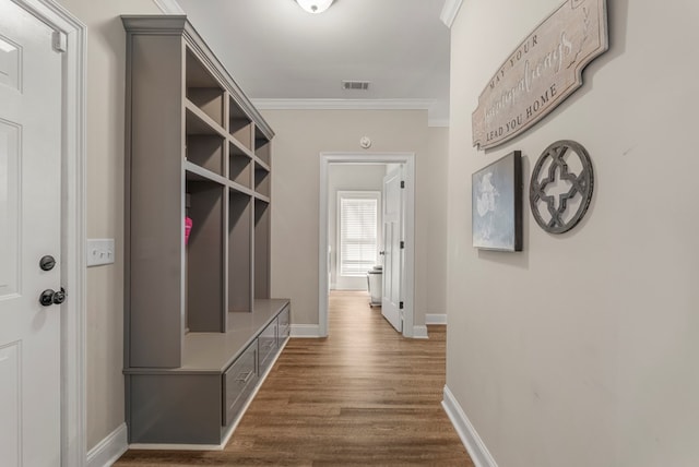 mudroom featuring dark wood-type flooring, visible vents, crown molding, and baseboards