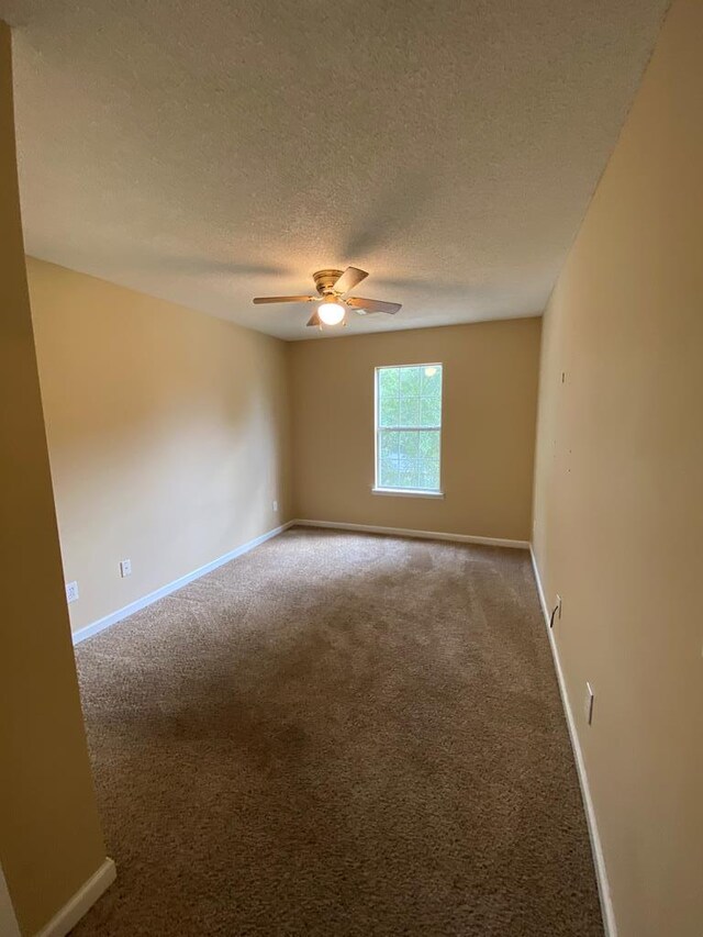 spare room with carpet flooring, a textured ceiling, and ceiling fan