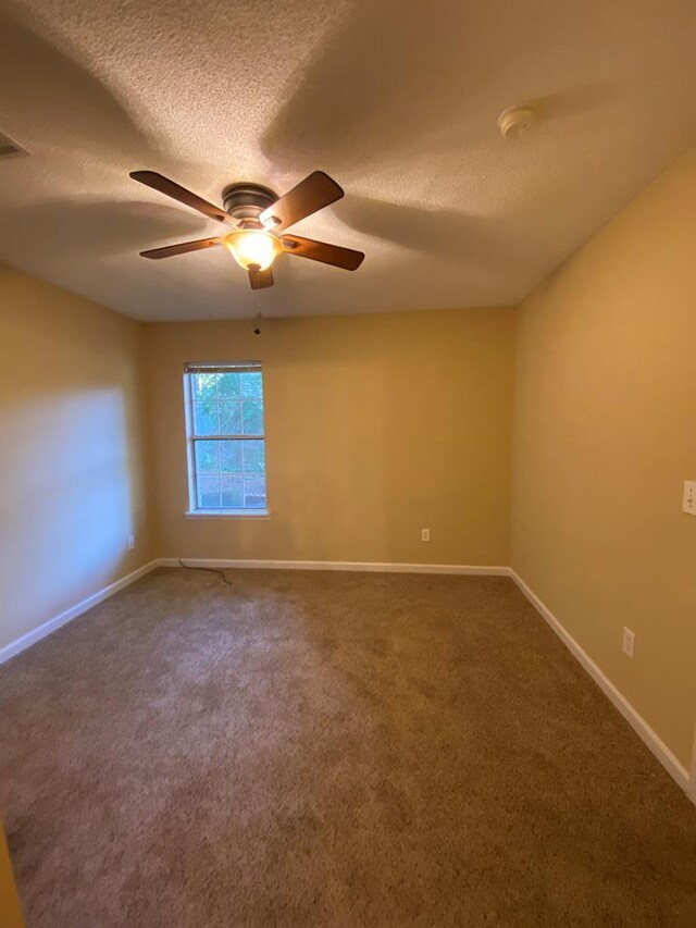 spare room featuring carpet flooring, ceiling fan, and a textured ceiling