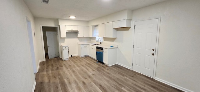 kitchen with baseboards, a sink, light countertops, white cabinetry, and stainless steel dishwasher