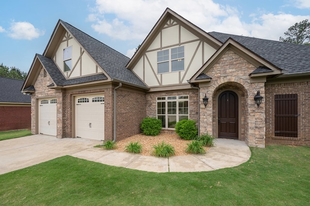 2708 Sawgrass Ln, Phenix City, AL 36867 - english style home with driveway, a front yard, a shingled roof, stone siding, and stucco siding