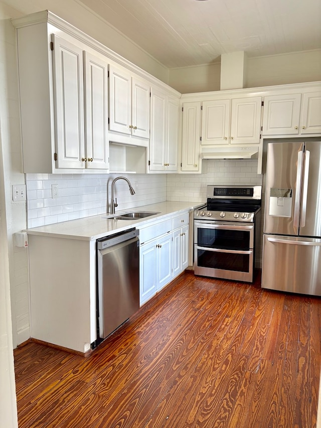 kitchen featuring under cabinet range hood, appliances with stainless steel finishes, a sink, and light countertops