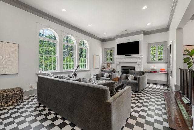 1580 Dixon Dr, Columbus, GA 31906 - living room featuring dark floors, healthy amount of natural light, crown molding, a fireplace, and recessed lighting