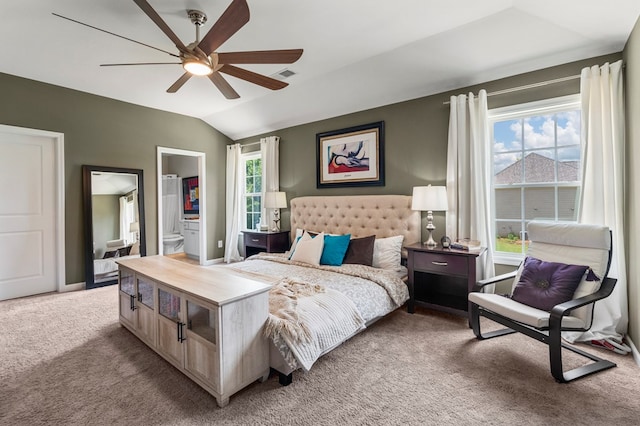 221 Abberly Ln, Ellerslie, GA 31807 - bedroom with carpet, vaulted ceiling, ceiling fan, and connected bathroom