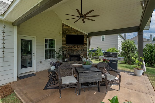 221 Abberly Ln, Ellerslie, GA 31807 - view of patio / terrace with an outdoor stone fireplace, ceiling fan, and grilling area
