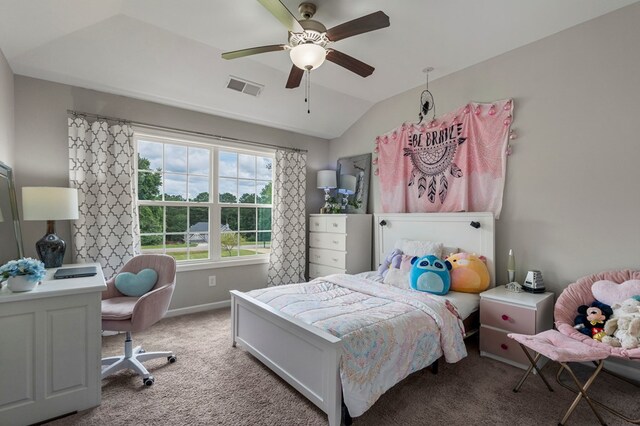 221 Abberly Ln, Ellerslie, GA 31807 - bedroom with carpet floors, lofted ceiling, a ceiling fan, and an office area