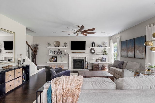 221 Abberly Ln, Ellerslie, GA 31807 - living area featuring ceiling fan, stairs, dark wood-style flooring, and a tile fireplace