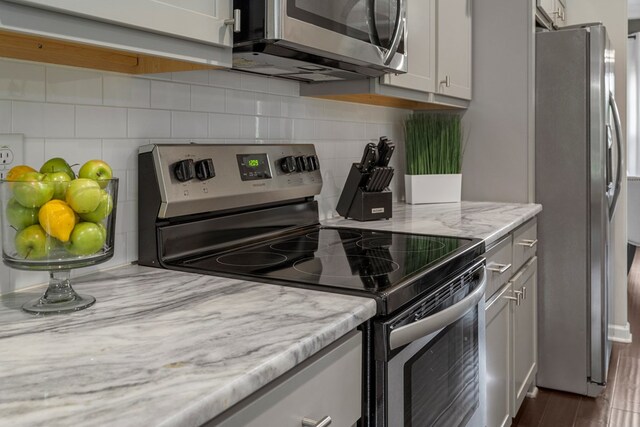 221 Abberly Ln, Ellerslie, GA 31807 - kitchen featuring stainless steel appliances, tasteful backsplash, light stone counters, and dark wood finished floors