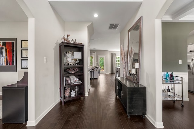 221 Abberly Ln, Ellerslie, GA 31807 - hallway featuring arched walkways, dark wood-type flooring, and recessed lighting