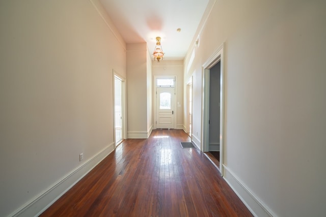 doorway to outside featuring ornamental molding and dark hardwood / wood-style floors