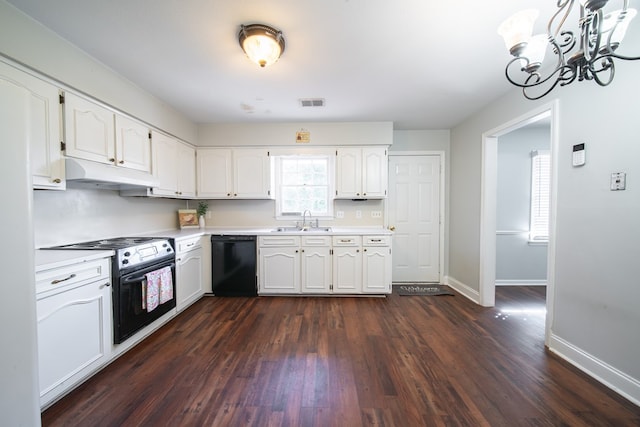 kitchen with dark wood-type flooring, sink, white cabinetry, electric range oven, and black dishwasher