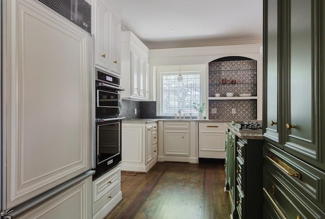 kitchen with open shelves, dobule oven black, and white cabinets