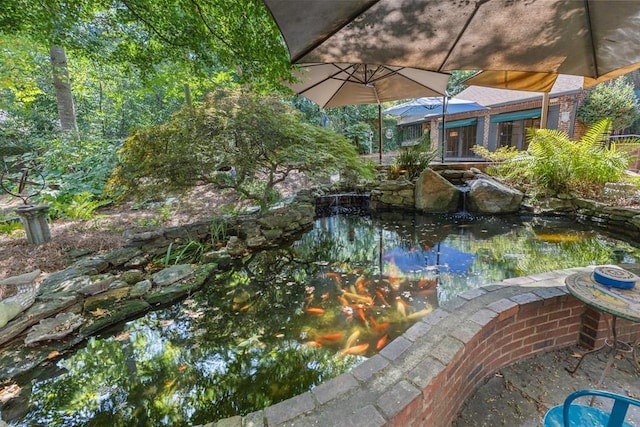 view of swimming pool featuring a garden pond