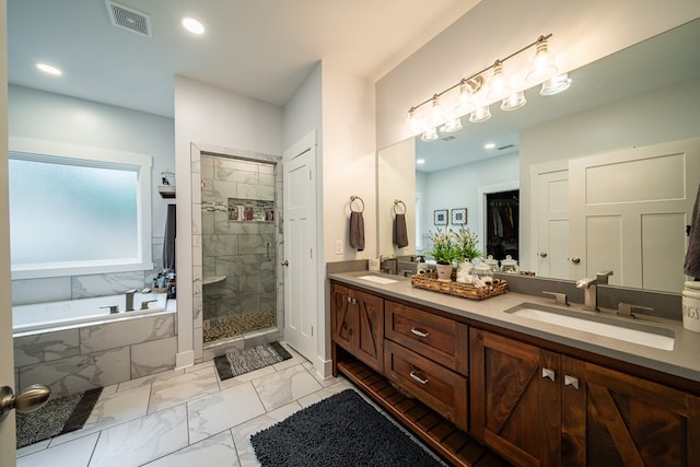 11602 Ga Highway 0085, Waverly Hall, GA 31831 - bathroom featuring marble finish floors, a garden tub, a shower stall, and double vanity