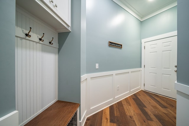 11602 Ga Highway 0085, Waverly Hall, GA 31831 - mudroom featuring dark wood-style floors, wainscoting, and ornamental molding