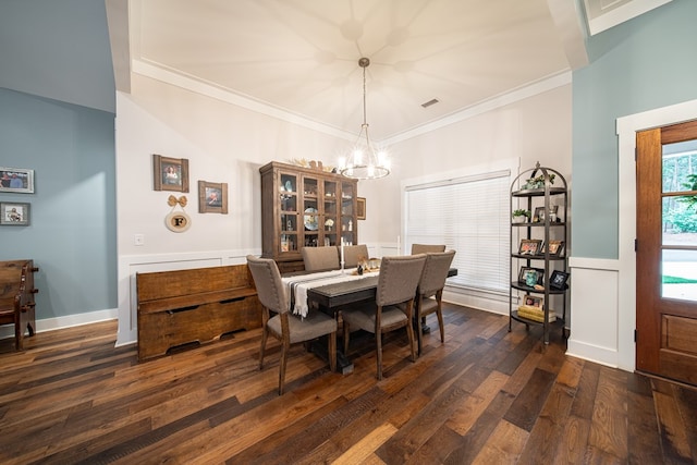 11602 Ga Highway 0085, Waverly Hall, GA 31831 - dining area featuring a chandelier, ornamental molding, and dark wood finished floors