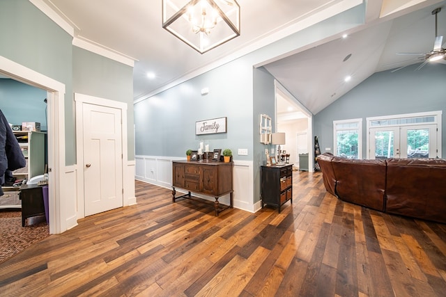 11602 Ga Highway 0085, Waverly Hall, GA 31831 - interior space featuring wood-type flooring, french doors, ornamental molding, high vaulted ceiling, and recessed lighting