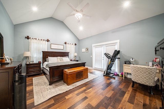 11602 Ga Highway 0085, Waverly Hall, GA 31831 - bedroom featuring dark wood-style flooring, high vaulted ceiling, and ceiling fan